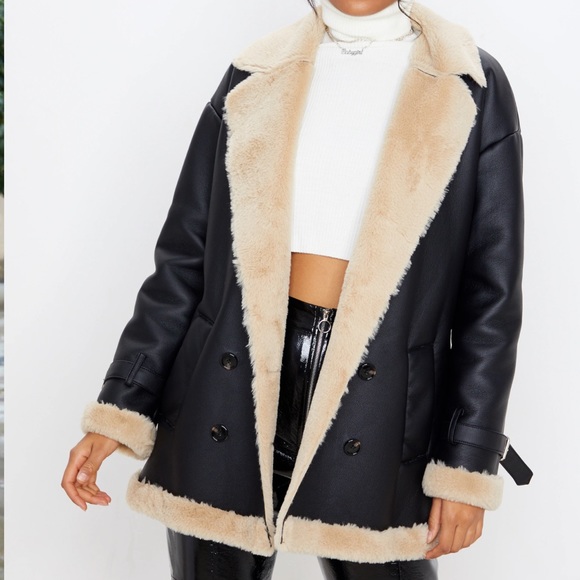 Prettylittlething- Black PU Faux Fur Trim Vintage Style Coat - Picture 2 of 2